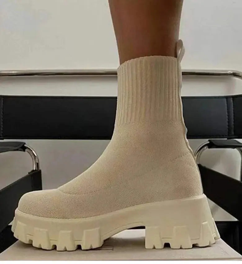 BootyComfort Women’s Casual Fashion Sneakers in beige with chunky sole and ribbed sock design.