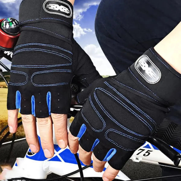 Close-up of workout wrist support gloves designed for weightlifting and fitness training, featuring blue accents and reinforced grip.