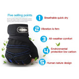 Workout wrist support gloves highlighting breathable design, firm vibration, all-weather comfort, eco-friendliness, and ergonomic design.