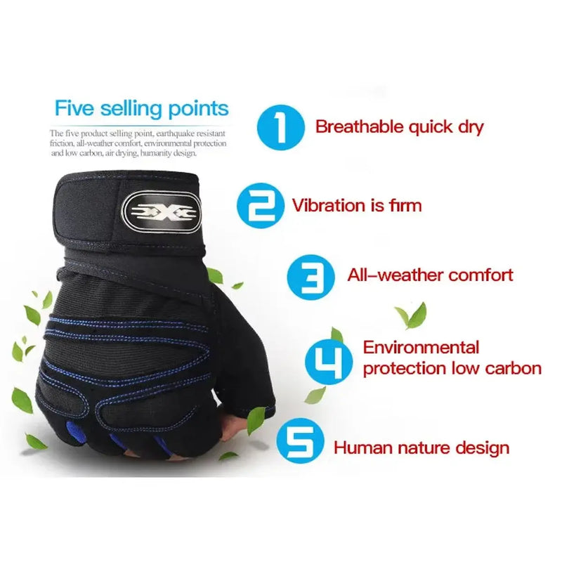 Workout wrist support gloves highlighting breathable design, firm vibration, all-weather comfort, eco-friendliness, and ergonomic design.