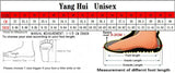 Size chart for Yang Hui Unisex footwear, showing measurements in cm and inches for proper fitting.