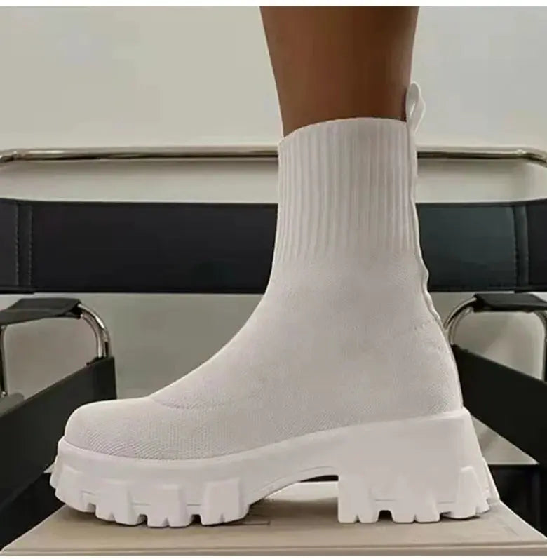 Side view of BootyComfort Women’s Casual Fashion Sneakers in white with ribbed ankle design and chunky sole.
