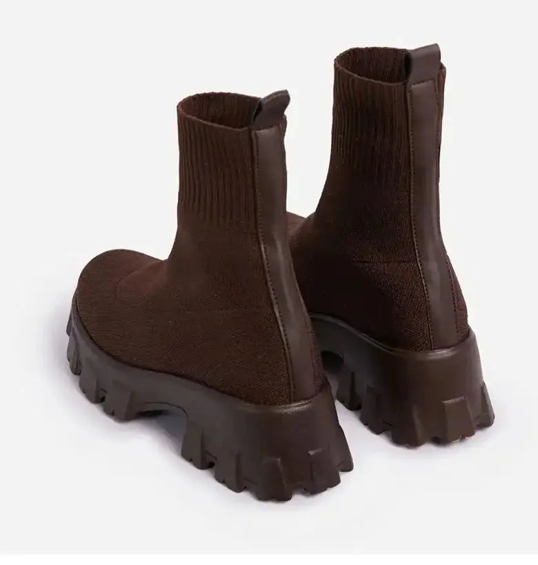 BootyComfort Women’s Casual Fashion Sneakers in brown with chunky sole from the back view.