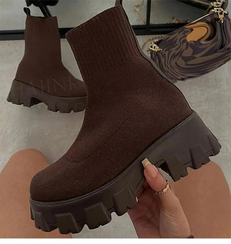 BootyComfort Women’s Casual Fashion Sneakers in brown with chunky sole and knit upper for stylish comfort.