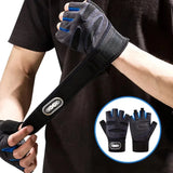 Person demonstrating Workout Wrist Support Gloves for weightlifting with reinforced wrist straps for safety and comfort.